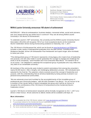 122-2011 : Wilfrid Laurier University announces 100 alumni of achievement