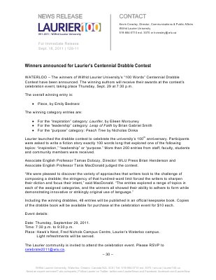 128-2011 : Winners announced for Laurier's Centennial Drabble Contest