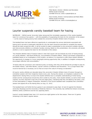 128-2012 : Laurier suspends varsity baseball team for hazing