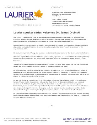 131-2012 : Laurier speaker series welcomes Dr. James Orbinski