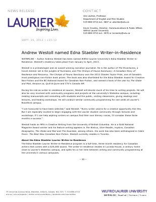 133-2012 : Andrew Westoll named Edna Staebler Writer-in-Residence