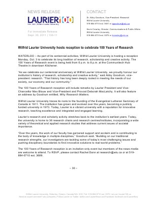 136-2011 : Wilfrid Laurier University hosts reception to celebrate 100 years of research