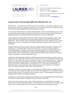 163-2011 : Laurier to host &quot;A Conversation With Lisa LaFlamme&quot; Nov. 25