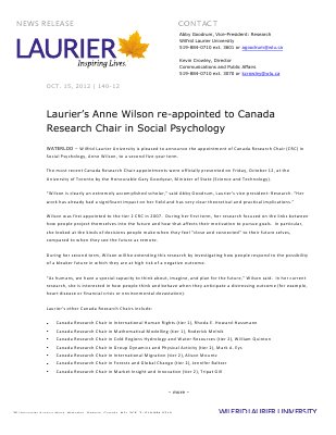 140-2012 : Laurier's Anne Wilson re-appointed to Canada Research Chair in Social Psychology