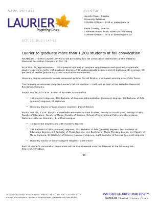 147-2012 : Laurier to graduate more than 1,200 students at fall convocation