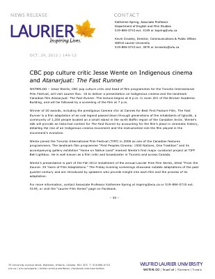 149-2012 : CBC pop culture critic Jesse Wente on Indigenous cinema and &quot;Atanarjuat: The Fast Runner&quot;