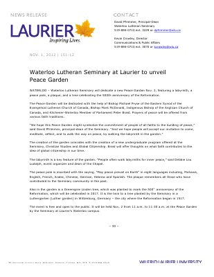 151-2012 : Waterloo Lutheran Seminary at Laurier to unveil Peace Garden