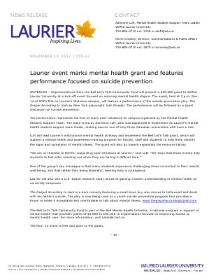 155-2012 : Laurier event marks mental health grant and features performance focused on suicide prevention