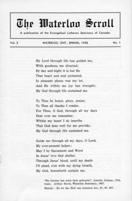 The Waterloo scroll : a publication of the Evangelical Lutheran Seminary of Canada , Vol. 2 No.1, Spring 1958