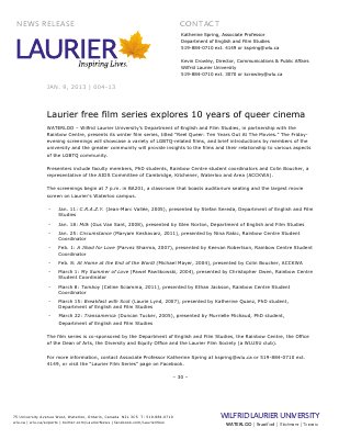 04-2013 : Laurier free film series explores 10 years of queer cinema