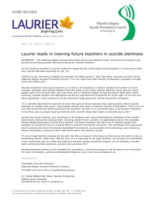 09-2013 : Laurier leads in training future teachers in suicide alertness