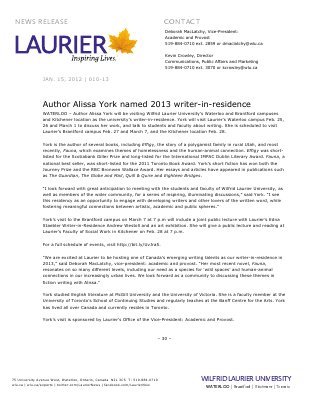 10-2013 : Author Alissa York named 2013 writer-in-residence