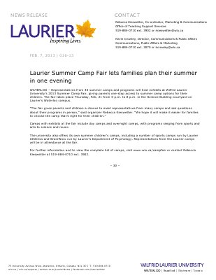 16-2013 : Laurier Summer Camp Fair lets families plan their summer in one evening