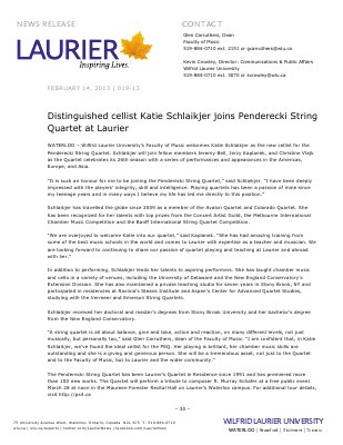 19-2013 : Distinguished cellist Katie Schlaikjer joins Penderecki String Quartet at Laurier