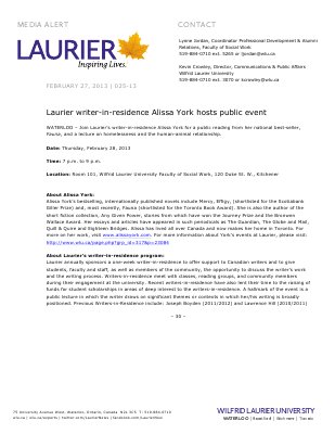 25-2013 : Laurier writer-in-residence Alissa York hosts public event
