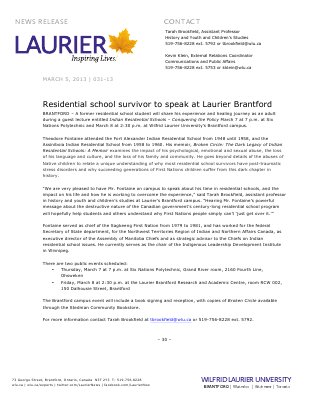 31-2013 : Residential school survivor to speak at Laurier Brantford