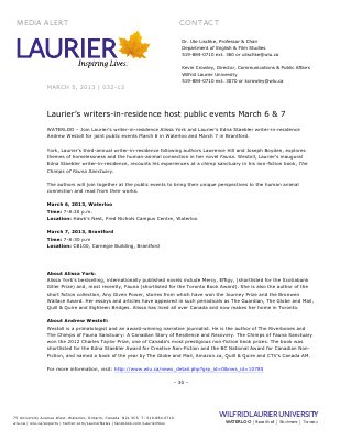 32-2013 : Laurier's writers-in-residence host public events March 6 & 7