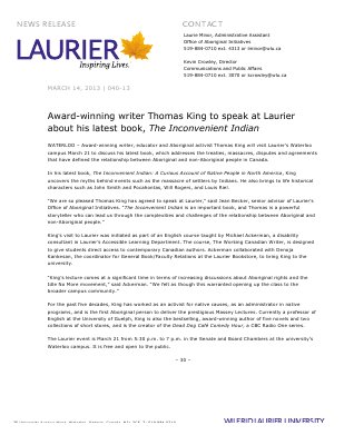 40-2013 : Award-winning writer Thomas King to speak at Laurier about his latest book, &quot;The Inconvenient Indian&quot;