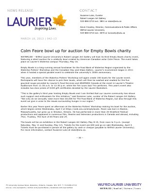 42-2013 : Colm Feore bowl up for auction for Empty Bowls charity