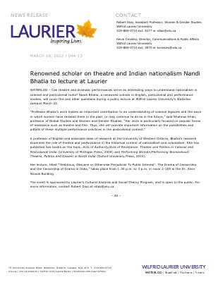 44-2013 : Renowned scholar on theatre and Indian nationalism Nandi Bhatia to lecture at Laurier