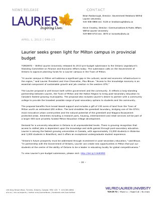 48-2013 : Laurier seeks green light for Milton campus in provincial budget