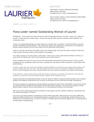 47-2013 : Fiona Lester named Outstanding Woman of Laurier