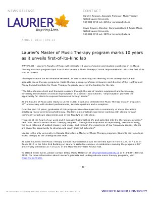 49-2013 : Laurier's Master of Music Therapy program marks 10 years as it unveils first-of-its-kind lab