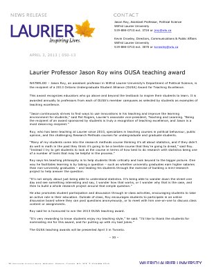 50-2013 : Laurier Professor Jason Roy wins OUSA teaching award