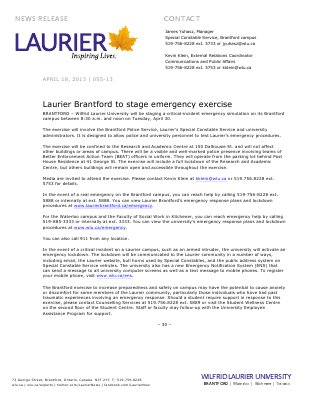 55-2013 : Laurier Brantford to stage emergency exercise