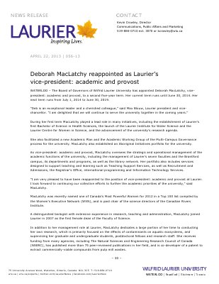 56-2013 : Deborah MacLatchy reappointed as Laurier's vice-president: academic and provost