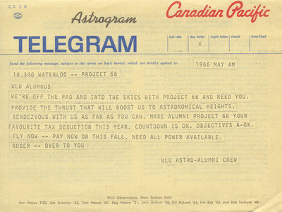 Astrogram telegram : Project 66, Waterloo Lutheran University