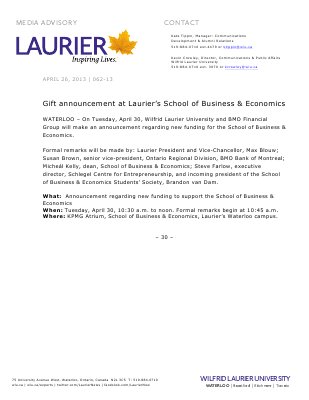 62-2013 : Gift announcement at Laurier's School of Business & Economics