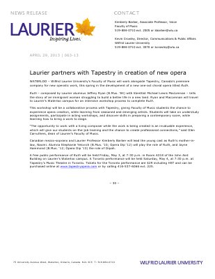 63-2013 : Laurier partners with Tapestry in creation of new opera