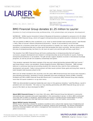 64-2013 : BMO Financial Group donates $1.25 million to Laurier