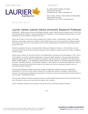 67-2013 : Laurier names Juanne Clarke University Research Professor