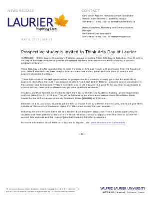 69-2013 : Prospective students invited to Think Arts Day at Laurier