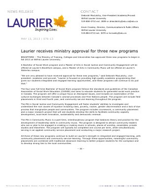 76-2013 : Laurier receives ministry approval for three new programs