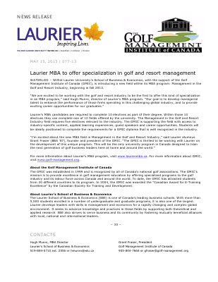 77-2013 : Laurier MBA to offer specialization in golf and resort management