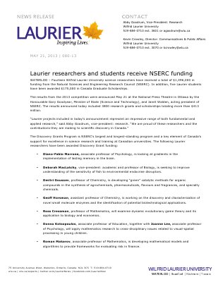 80-2013 : Laurier researchers and students receive NSERC funding