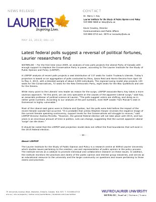 81-2013 : Latest federal polls suggest a reversal of political fortunes, Laurier researchers find