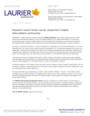 83-2013 : Research council funds Laurier researcher's digital NatureWatch partnership