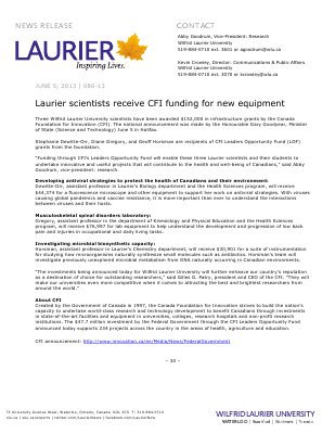 86-2013 : Laurier scientists receive CFI funding for new equipment