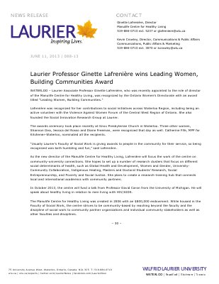 88-2013 : Laurier Professor Ginette Lafrenière wins Leading Women, Building Communities Award