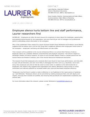 90-2013 : Employee silence hurts bottom line and staff performance, Laurier researchers find