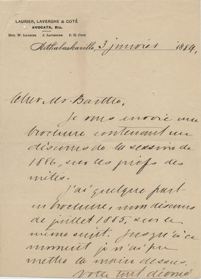 Letter from Wilfrid Laurier to Ulric Barthe, January 3, 1889