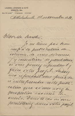 Letter from Wilfrid Laurier to Ulric Barthe, November 14, 1889