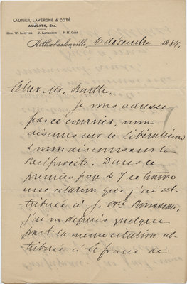 Letter from Wilfrid Laurier to Ulric Barthe, December 6, 1889