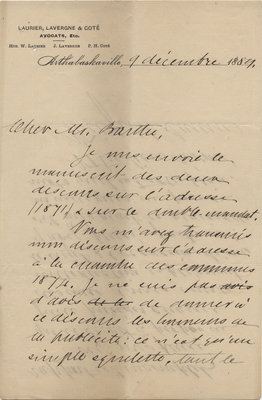 Letter from Wilfrid Laurier to Ulric Barthe, December 9, 1889