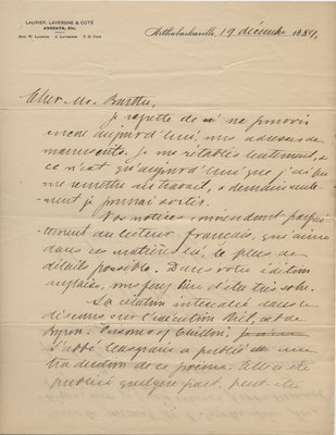 Letter from Wilfrid Laurier to Ulric Barthe, December 19, 1889