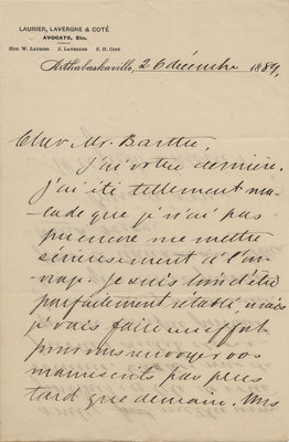 Letter from Wilfrid Laurier to Ulric Barthe, December 26, 1889